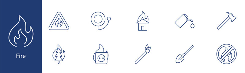 Fire set icon. Flame, alarm, house on fire, extinguisher, axe, matchstick, no fire sign. Safety, emergency, firefighting, fire prevention concept.