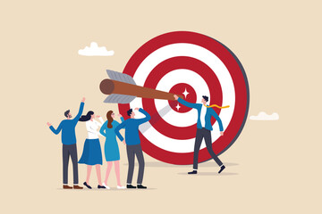 Company target achievement, business goal or objective to achieve, team strategy, leadership development, aiming for winning goal concept, businessman point arrow bullseye target to team colleagues.