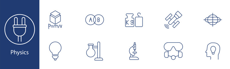 Obraz premium Physics set icon. Formula, atom, weight, satellite, gyroscope, microscope, bulb, test tube. Science, research, experiments, physical laws concept.