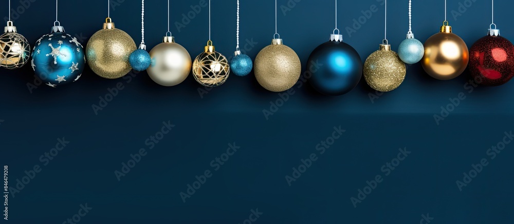 Poster festive christmas ornaments in various colors cascade down on a vibrant blue backdrop creating a mer