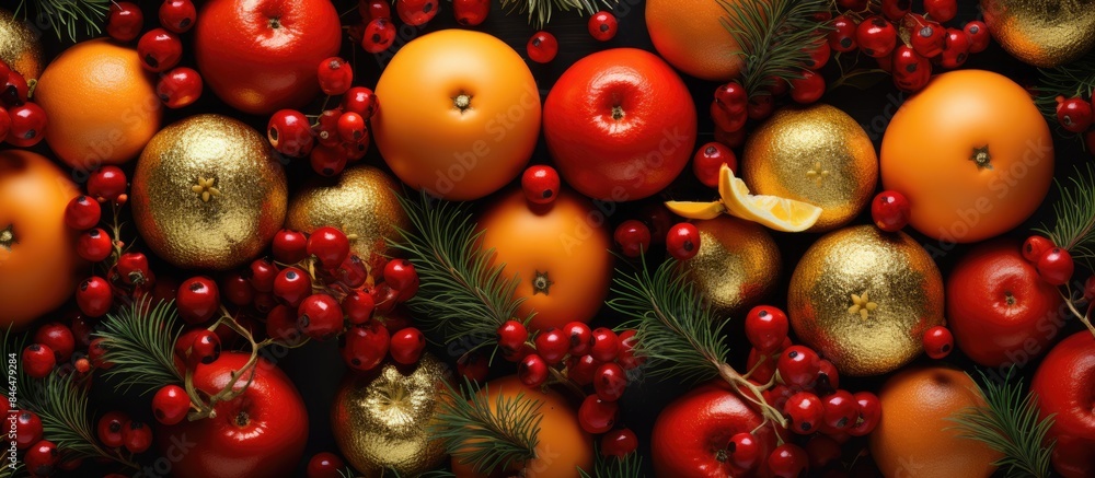 Aufkleber copy space image of gold and red christmas baubles ornaments and tangerines arranged in a flat lay f