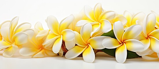 Fototapeta premium Copy space image of a white background showcasing a vibrant close up of yellow and white silk plumeria frangipani flower stalk