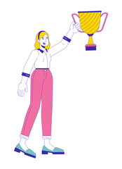Blonde caucasian woman raising up cup 2D linear cartoon character. Happy european female winner with prize isolated line vector person white background. Victory color flat spot illustration