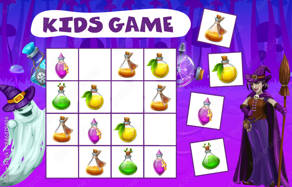 Aufkleber halloween maze game with potion bottles. sudoku riddle for kids, intelligence puzzle vector workshee