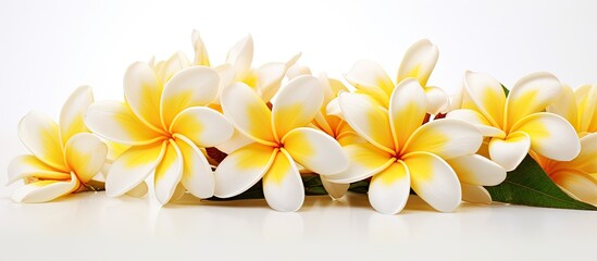 Obraz premium Copy space image of a white background showcasing a vibrant close up of yellow and white silk plumeria frangipani flower stalk