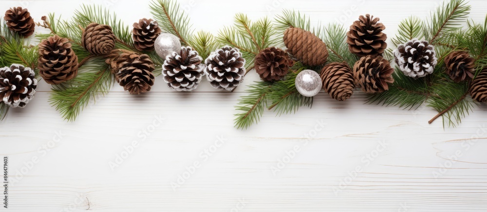 Poster top view of a christmas and new year s composition with pine cones and spruce branches placed on a w