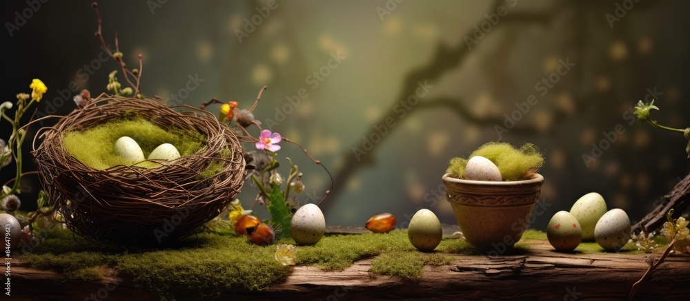 Canvas Prints On a moss covered wooden background there is a display of decorated Easter eggs and willow branches creating a picturesque image with copy space