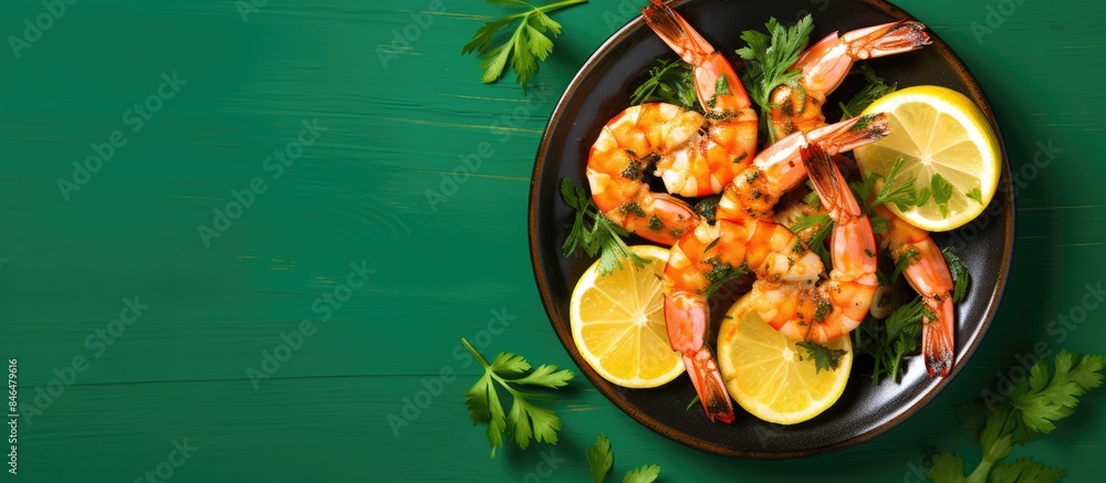 Poster top view of a delicious seafood snack consisting of grilled shrimps with a lemon slice presented on 