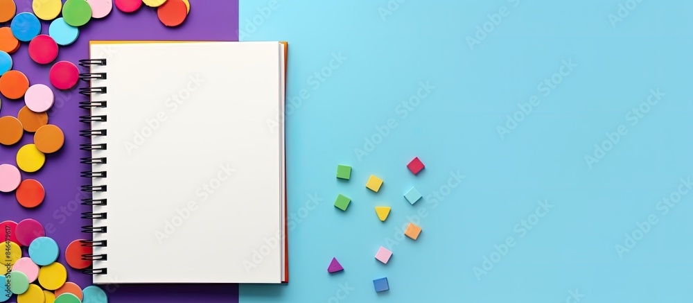 Poster top view of an open notebook resting on a colorful background with stationery nearby copy space imag
