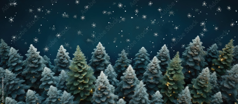 Aufkleber Top down view of a festive flat lay composition featuring Christmas trees against a vibrant background creating an ideal space for additional images or text