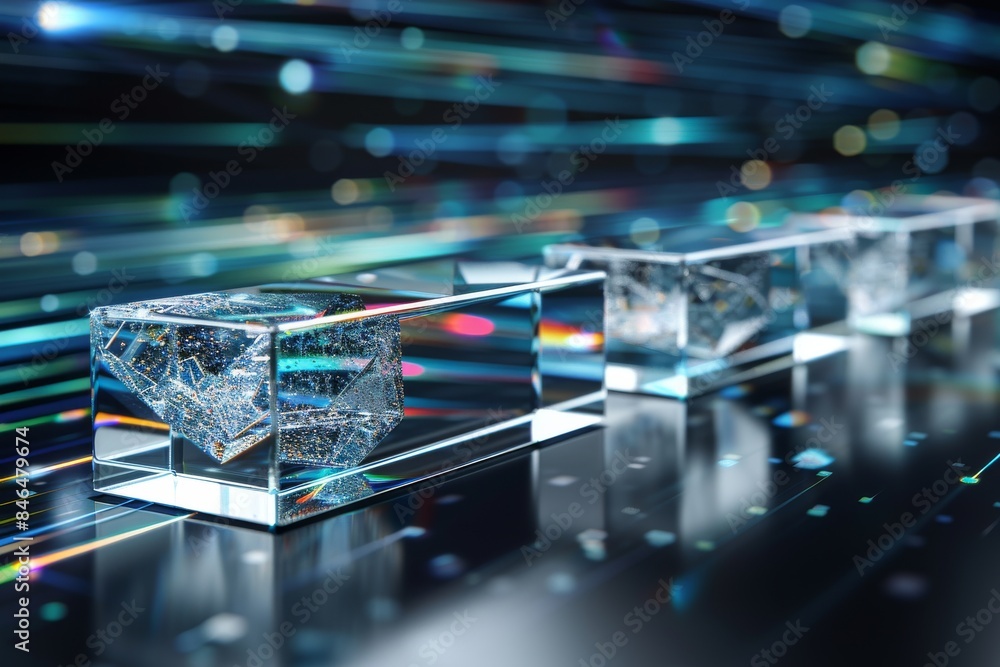 Poster futuristic crystal cubes on a high tech surface with colorful light streaks, creating a dynamic and 