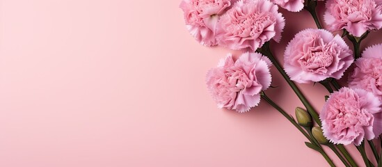 Close up of beautiful tender baby pink carnations on a bright pink background perfect for a Mother s Day thank you design concept The image features a top view with a flat lay and copy space A mock u