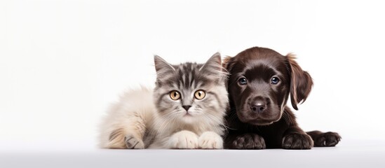 Obraz premium Lovely pets a cute dog and cat captured in a copy space image against a white background