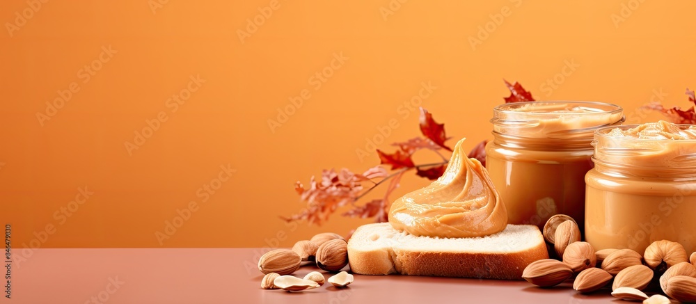 Poster copy space image of delicious hazelnut butter and toasts arranged beautifully on a vibrant colored b