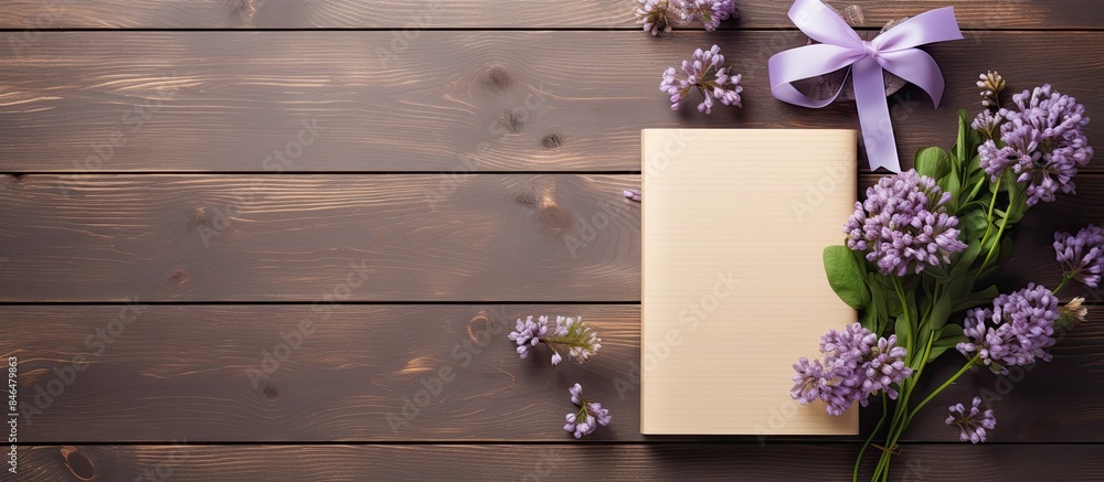 Aufkleber Top view of a wooden desk adorned with delicate violet flowers a gift box and an empty notebook a perfect setting for adding text to the image. copy space available