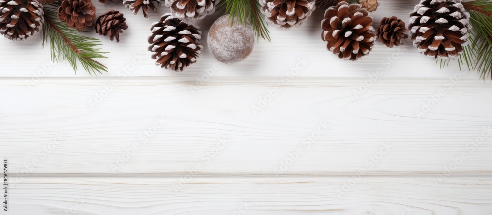 Poster Top view of a Christmas and New Year s composition with pine cones and spruce branches placed on a white wooden background creating an image with copy space