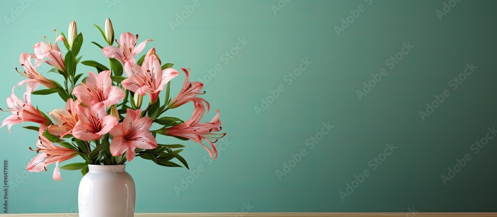 Aufkleber In the room there is a vase displaying vibrant alstroemeria flowers on a table with ample space around for a copy space image