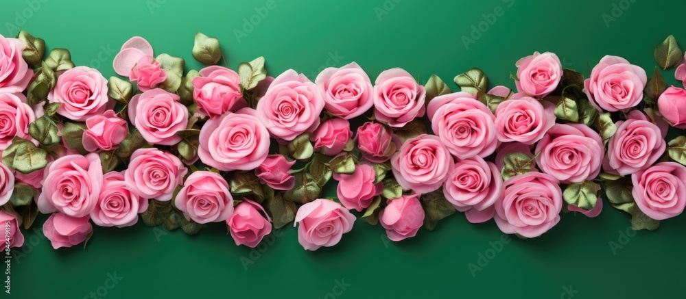 Aufkleber top view copy space image of a festive background adorned with pink roses over a green backdrop idea