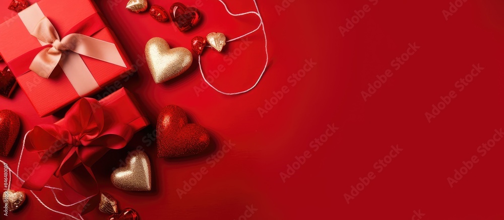 Poster Top view of a festive composition with a copy space image showcasing various occasions including Valentine s Day Christmas birthdays and weddings It features a gift on a red background perfect for ce