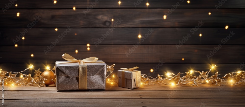 Poster festive decorations gifts and lights create a christmas card on a wooden background with space for a