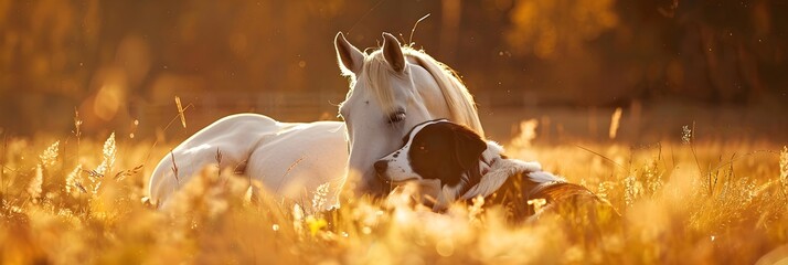 Friendship of border collie dog and white horse. Cute farm animals together at sunset in autumn field. Best friends concept. Love nature and animals