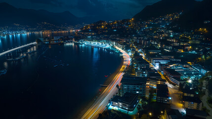Fototapeta premium Overhead Aerial Drone Night Shot of Illuminated City Street in Lugano, Switzerland with Lake and Mountains