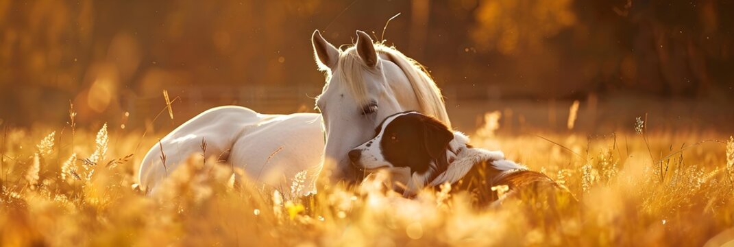 Friendship of border collie dog and white horse. Cute farm animals together at sunset in autumn field. Best friends concept. Love nature and animals