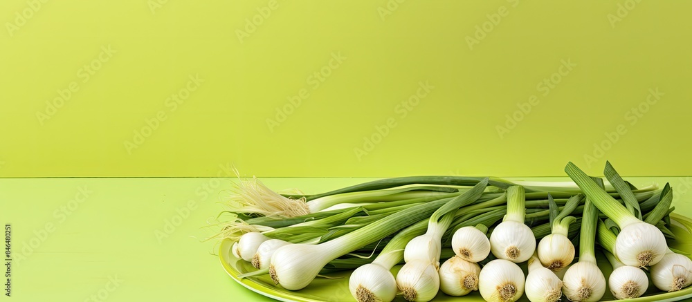 Poster Copy space image of a plate featuring fresh leeks arranged neatly on a bright table