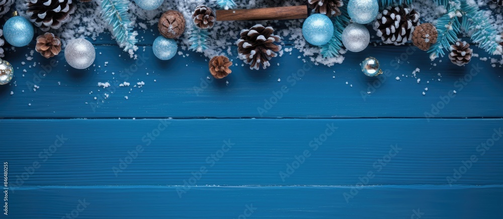 Poster The blue wooden background is adorned with a fur tree branch cones Christmas balls and a snowy appearance creating a Christmas decorative background There is a copy space image available