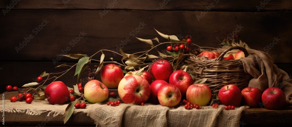 Poster the display consists of apples dry leaves old pomegranates and hessian creating a rustic and natural