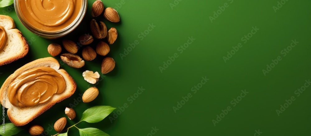 Poster copy space image of delicious hazelnut butter and toasts arranged beautifully on a vibrant colored b