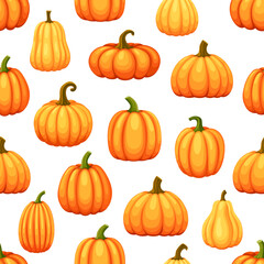 Cartoon ripe raw pumpkins seamless pattern. Vector background in warm orange hues intertwining gracefully, creating vibrant and autumnal motif that exudes the essence of harvest and seasonal abundance
