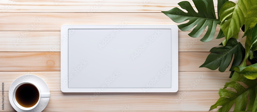 Poster The top down view of a white wooden office desk showcases a tablet PC notepad pen plant and coffee cup with ample copy space for additional items or text