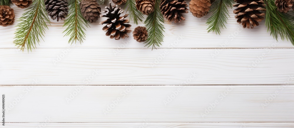 Poster top view of a christmas and new year s composition with pine cones and spruce branches placed on a w