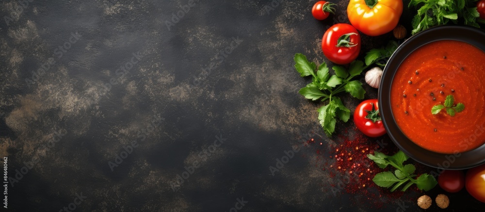 Poster gazpacho soup and ingredients over dark stone background with free text space healthy food concept t