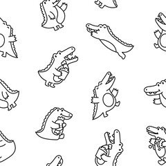 Obraz premium Cute crocodile character engaged in different activity. Seamless pattern. Coloring Page. Funny adorable cartoon animal. Hand drawn style. Vector drawing. Design ornaments.