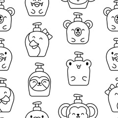 Liquid soap bottles with animals face. Seamless pattern. Coloring Page. Bath and shower product. Hand drawn style. Vector drawing. Design ornaments.