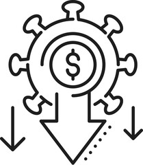 Pandemic economic crisis and money loss icon, downturn and bankruptcy symbol of cogwheel, dollar and decreasing arrows. Widespread money loss vector linear sign echoing the global economic impact