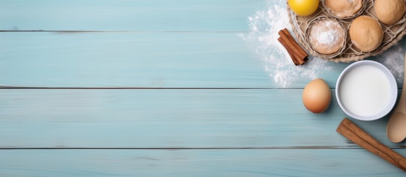 The bakery background showcases homemade apple pie or cake concept It includes apples wheat flour eggs a cinnamon spoon and an egg whisk arranged on a blue wood table The top view flat lay provides a