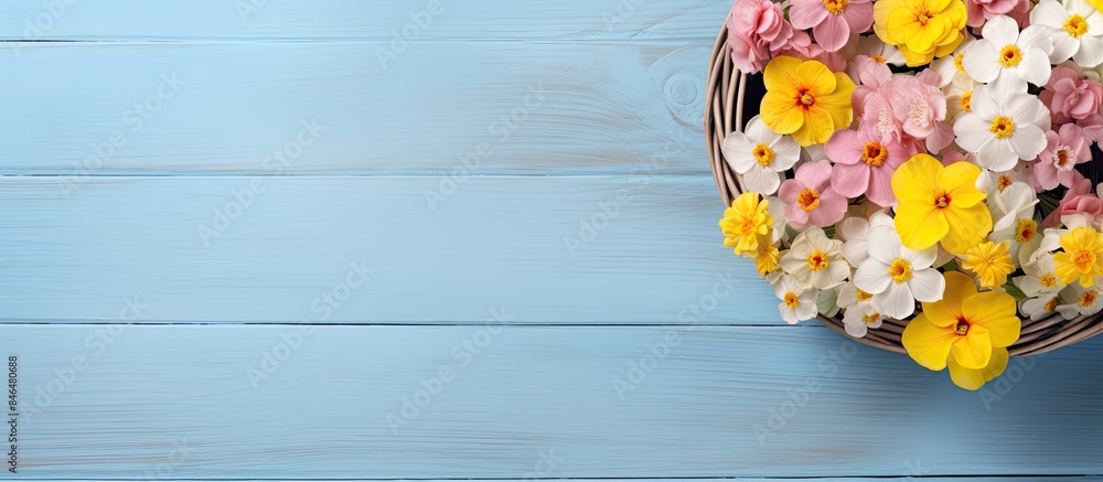 Aufkleber top view of a wicker basket filled with lovely primula primrose flowers resting on a light blue wood