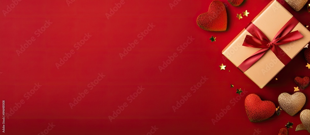 Poster Top view of a festive composition with a copy space image showcasing various occasions including Valentine s Day Christmas birthdays and weddings It features a gift on a red background perfect for ce