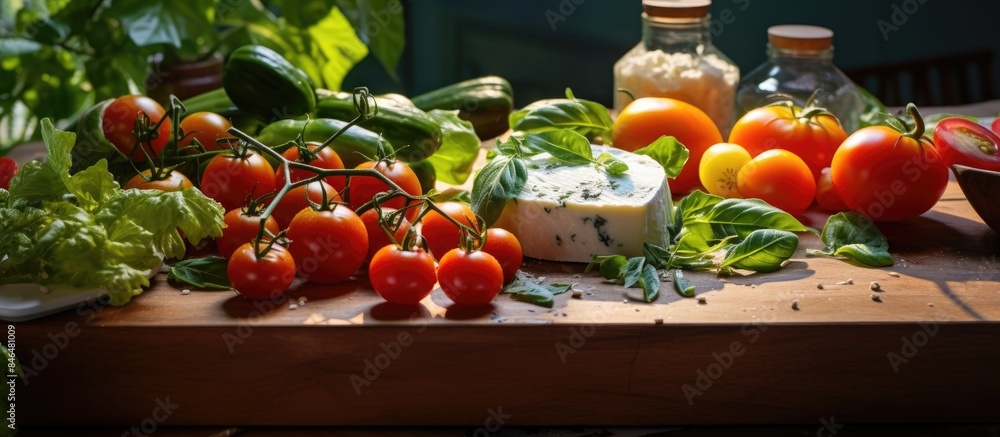 Poster the ingredients for a delicious salad cheese tomatoes cucumbers and basil are beautifully arranged o