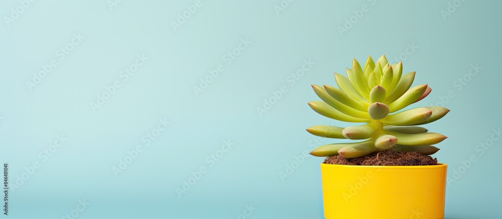 Poster bright yellow banner with a succulent in a pot providing a large copy space image
