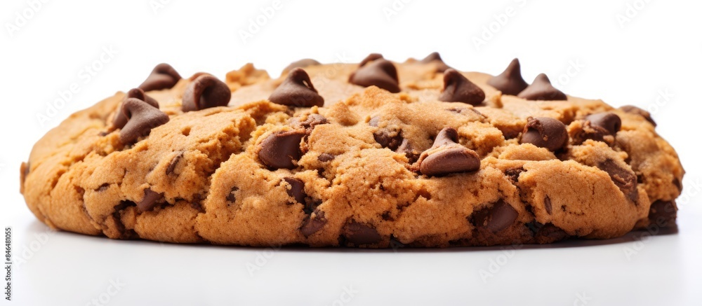 Poster the cookie with its chocolate chips is framed and stands alone on a white backdrop leaving room for 