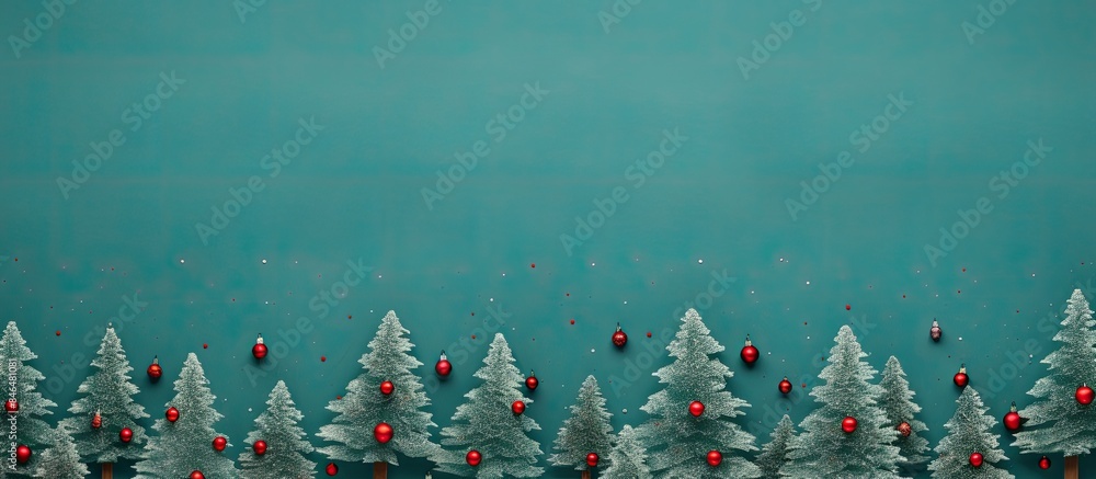 Leinwandbilder Top down view of a festive flat lay composition featuring Christmas trees against a vibrant background creating an ideal space for additional images or text