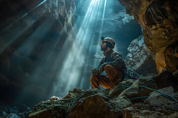 Man Exploring Cave with Helmet and Ropes, Illuminated by Rays of Light from Above