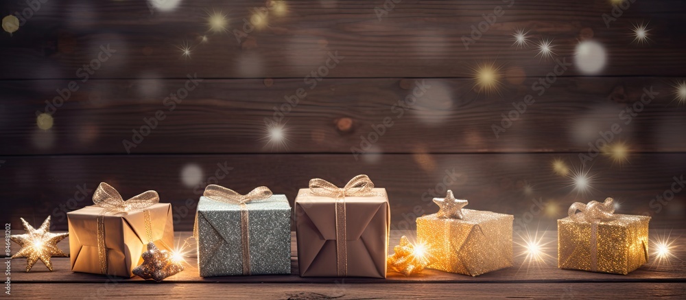 Poster festive decorations gifts and lights create a christmas card on a wooden background with space for a