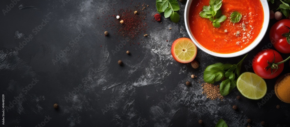 Poster gazpacho soup and ingredients over dark stone background with free text space healthy food concept t