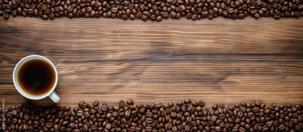 Poster top view copy space image of a wooden background with a coffee cup and coffee beans