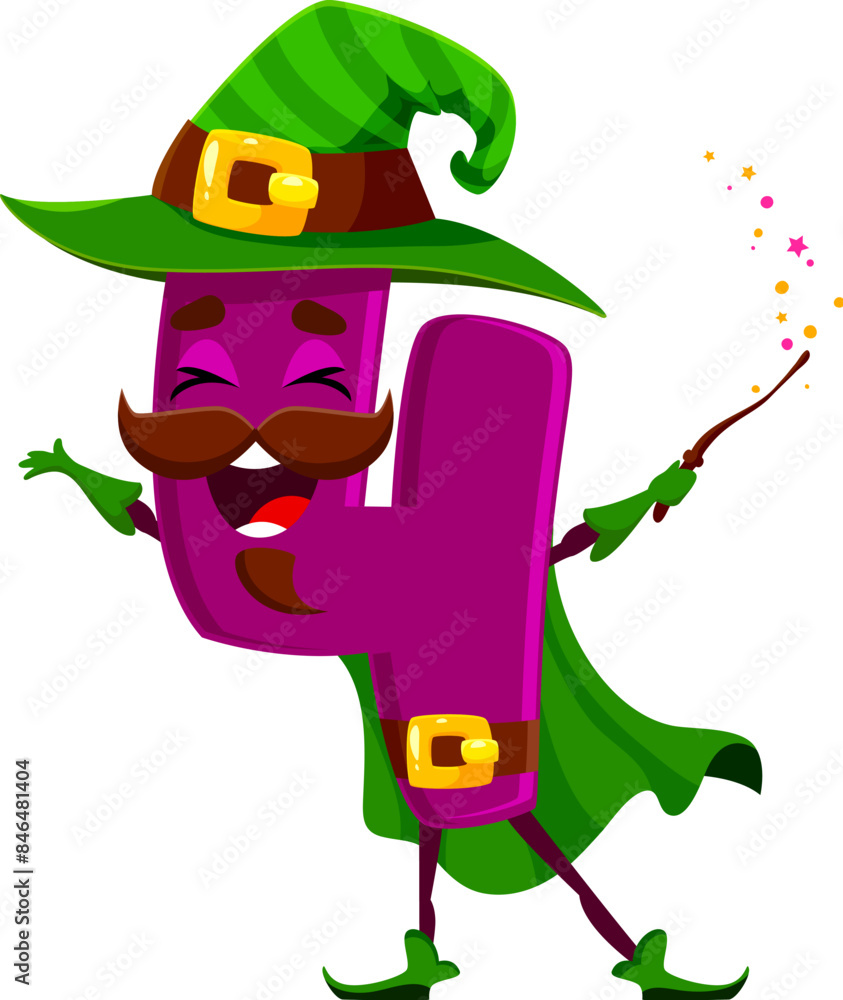 Poster cartoon halloween math number four wizard character. school math number sorcerer childish mascot, ma